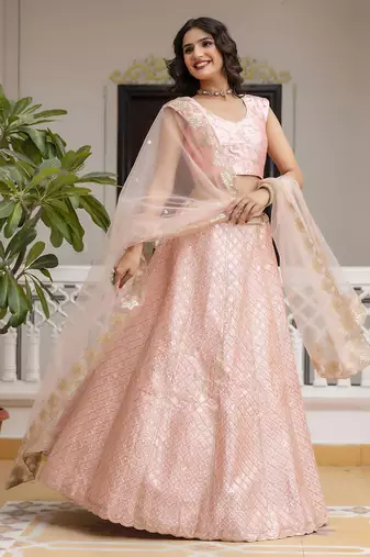 TPink Satin Embroidery Sequence Work Semi-Stitched Lehenga Choli with Net Dupatta For Women