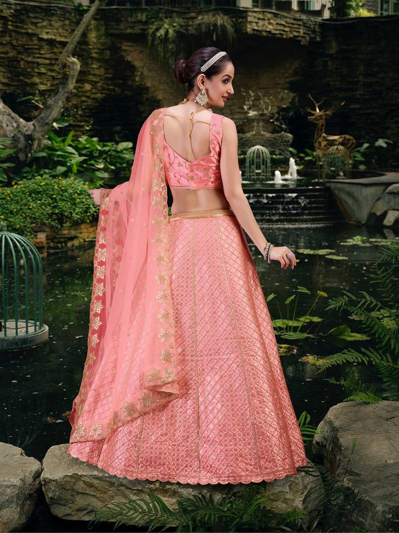 Pink Satin Embroidery Sequence Work Semi-Stitched Lehenga Choli with Net Dupatta For Women