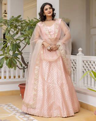 TPink Satin Embroidery Sequence Work Semi-Stitched Lehenga Choli with Net Dupatta For Women 4