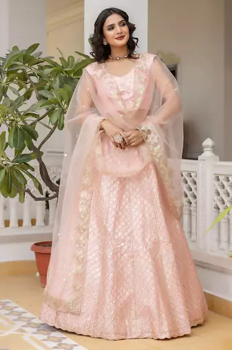 TPink Satin Embroidery Sequence Work Semi-Stitched Lehenga Choli with Net Dupatta For Women