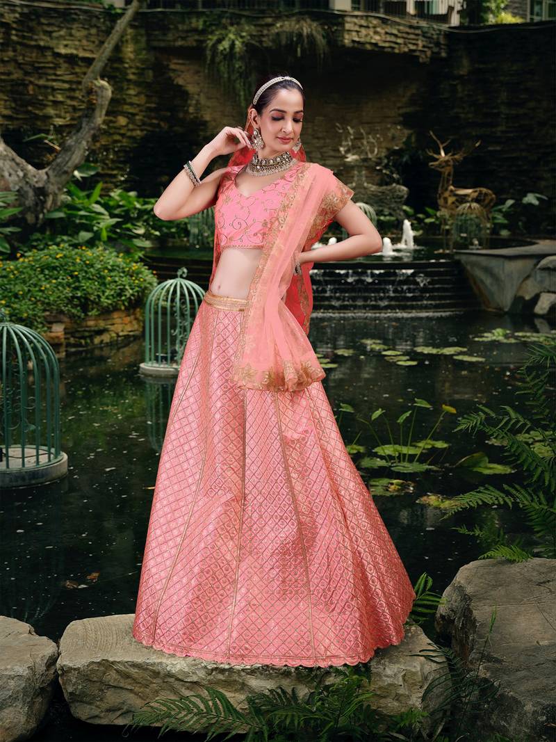 Pink Satin Embroidery Sequence Work Semi-Stitched Lehenga Choli with Net Dupatta For Women