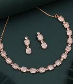 Delicate rose gold necklace set featuring cubic zirconia and big & small american diamond stones.