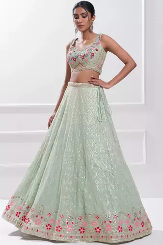 Pista Green Georgette Embroidered Lehenga Choli With Dupatta 