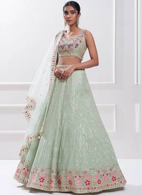 Pista Green Georgette Embroidered Lehenga Choli With Dupatta  3