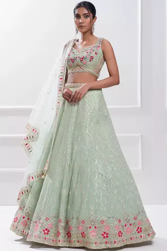 Pista Green Georgette Embroidered Lehenga Choli With Dupatta 