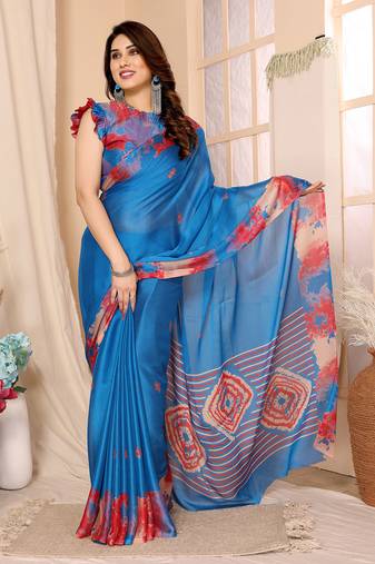 Firozi Printed  Chiffon Saree With Blouse Piece