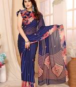 Navy Blue Printed  Chiffon Saree With Blouse Piece