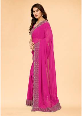 Pink Embellished Georgette Saree With Blouse Piece 4