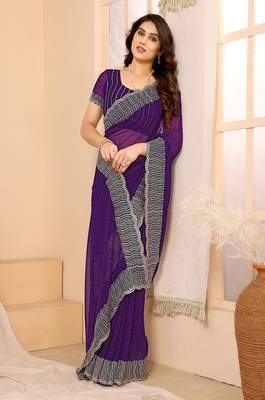 Purple Embellished::Embroidered Georgette Saree With Blouse Piece 1