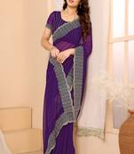 Purple Embellished::Embroidered Georgette Saree With Blouse Piece