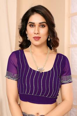 Purple Embellished::Embroidered Georgette Saree With Blouse Piece 2