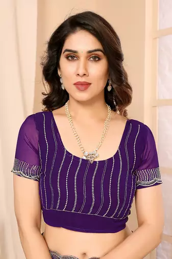 Purple Embellished::Embroidered Georgette Saree With Blouse Piece