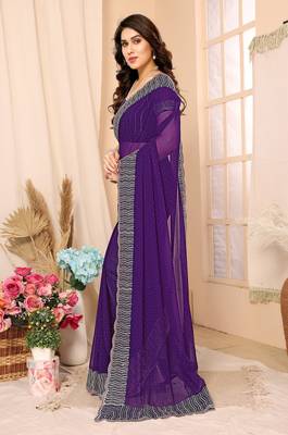 Purple Embellished::Embroidered Georgette Saree With Blouse Piece 3