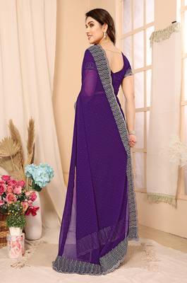 Purple Embellished::Embroidered Georgette Saree With Blouse Piece 4