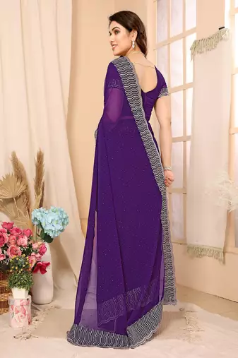 Purple Embellished::Embroidered Georgette Saree With Blouse Piece