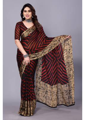 Red ,Black  Printed Chevron Chiffon Saree With Blouse Piece 1