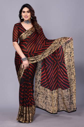 Red ,Black  Printed Chevron Chiffon Saree With Blouse Piece