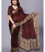 Red ,Black  Printed Chevron Chiffon Saree With Blouse Piece