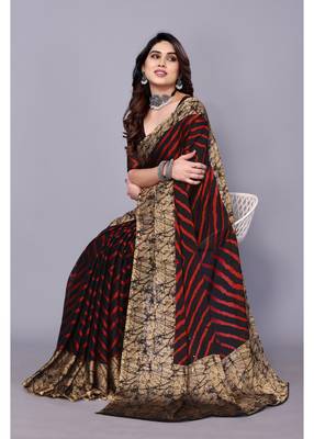 Red ,Black  Printed Chevron Chiffon Saree With Blouse Piece 2