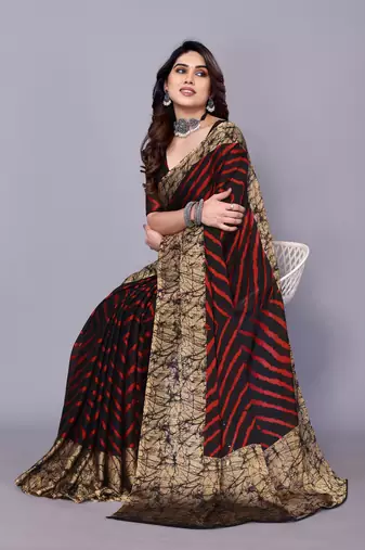 Red ,Black  Printed Chevron Chiffon Saree With Blouse Piece