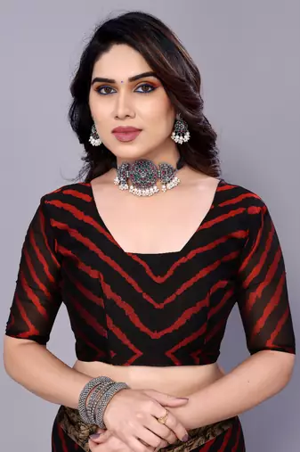 Red ,Black  Printed Chevron Chiffon Saree With Blouse Piece