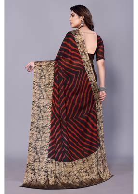 Red ,Black  Printed Chevron Chiffon Saree With Blouse Piece 4