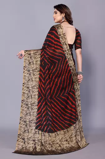 Red ,Black  Printed Chevron Chiffon Saree With Blouse Piece