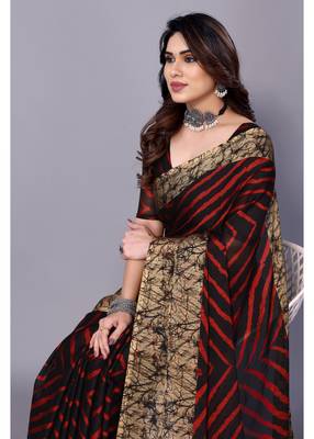 Red ,Black  Printed Chevron Chiffon Saree With Blouse Piece 5
