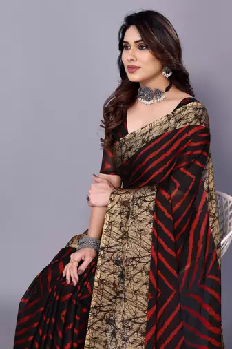 Red ,Black  Printed Chevron Chiffon Saree With Blouse Piece