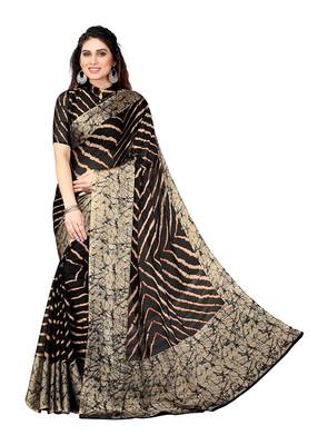 Black  Printed Chevron Chiffon Saree With Blouse Piece 1