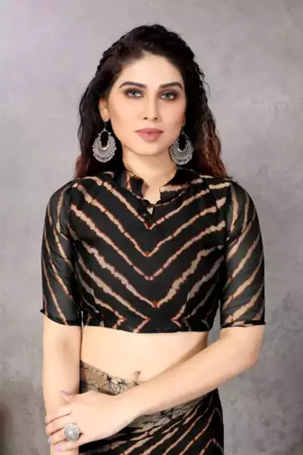 Black  Printed Chevron Chiffon Saree With Blouse Piece