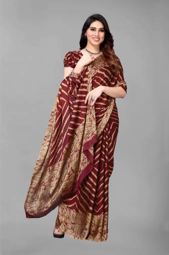 Maroon   Printed Chevron Chiffon Saree With Blouse Piece