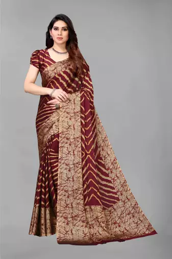 Maroon   Printed Chevron Chiffon Saree With Blouse Piece