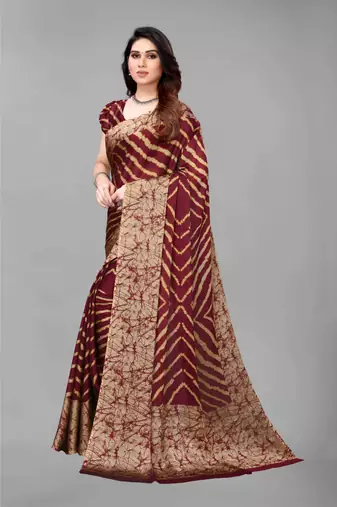 Maroon   Printed Chevron Chiffon Saree With Blouse Piece