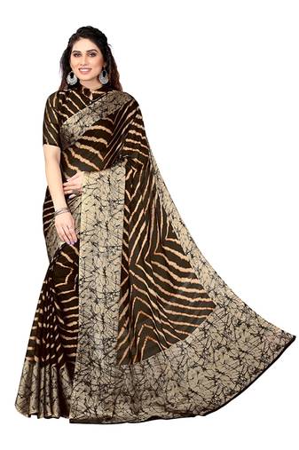Coffee   Printed Chevron Chiffon Saree With Blouse Piece