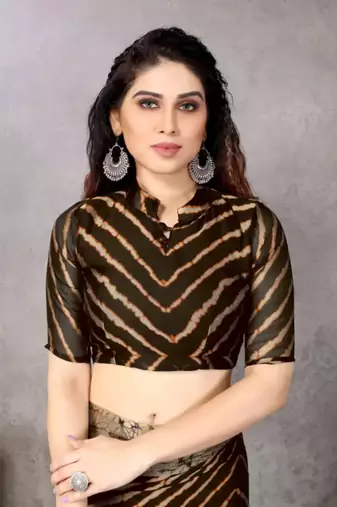 Coffee   Printed Chevron Chiffon Saree With Blouse Piece