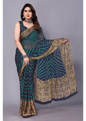 Peacock Blue   Printed Chevron Chiffon Saree With Blouse Piece 1