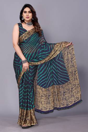 Peacock Blue   Printed Chevron Chiffon Saree With Blouse Piece