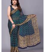 Peacock Blue   Printed Chevron Chiffon Saree With Blouse Piece