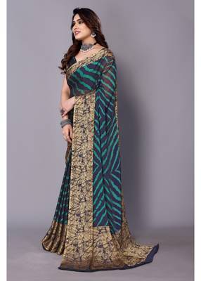 Peacock Blue   Printed Chevron Chiffon Saree With Blouse Piece 2