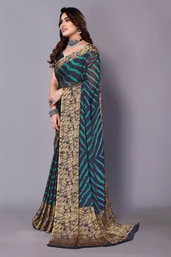 Peacock Blue   Printed Chevron Chiffon Saree With Blouse Piece