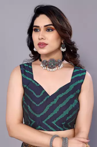 Peacock Blue   Printed Chevron Chiffon Saree With Blouse Piece