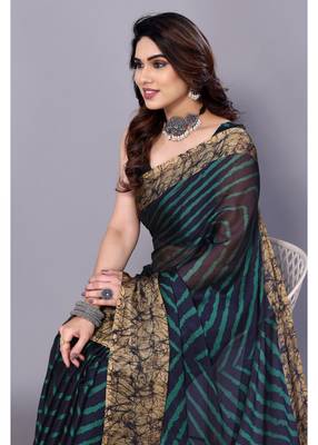 Peacock Blue   Printed Chevron Chiffon Saree With Blouse Piece 4