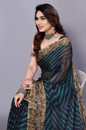 Peacock Blue   Printed Chevron Chiffon Saree With Blouse Piece
