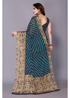 Peacock Blue   Printed Chevron Chiffon Saree With Blouse Piece 5