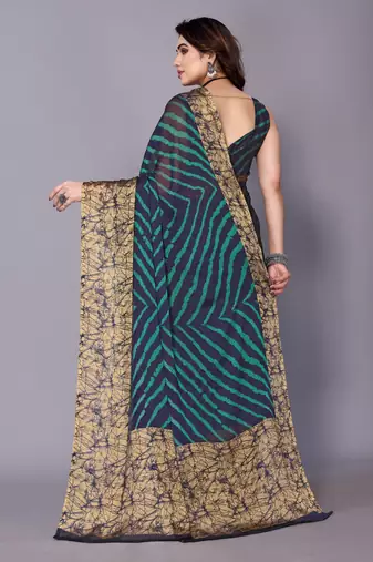 Peacock Blue   Printed Chevron Chiffon Saree With Blouse Piece