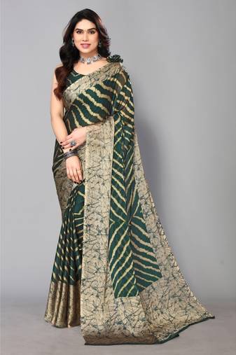 Bottale Green   Printed Chevron Chiffon Saree With Blouse Piece