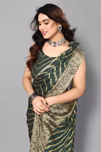 Bottale Green   Printed Chevron Chiffon Saree With Blouse Piece