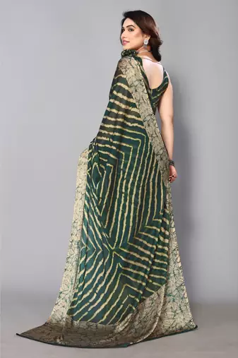 Bottale Green   Printed Chevron Chiffon Saree With Blouse Piece