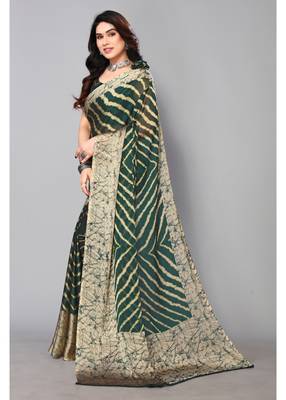 Bottale Green   Printed Chevron Chiffon Saree With Blouse Piece 5